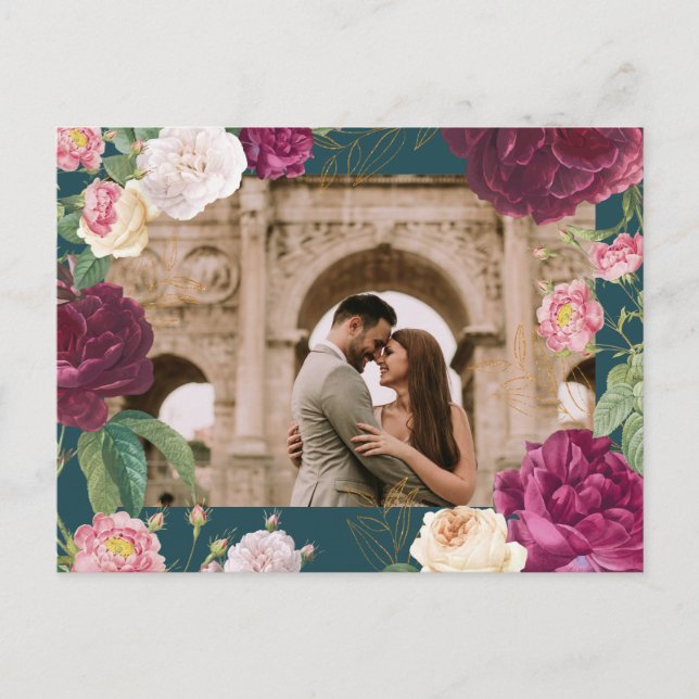 Gold & Emerald Green Floral Wedding Announcement Postcard (Front)