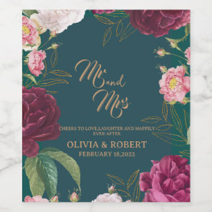 Gold & Emerald Green Floral Wedding Wine Label