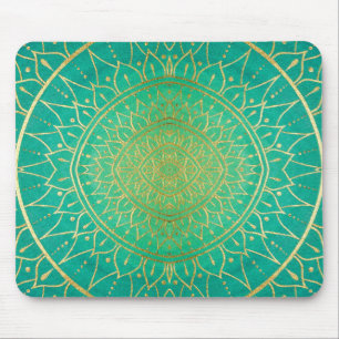 Gold Emerald Green Hand Drawn Mandala Mouse Mat