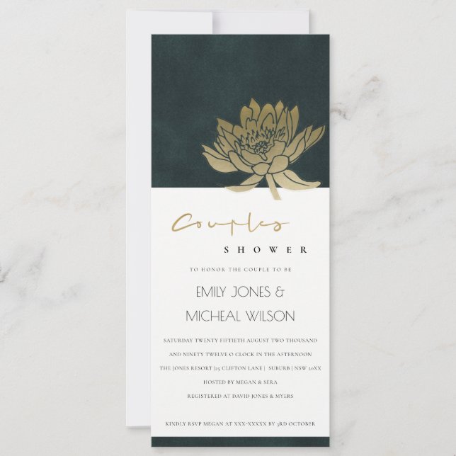 GOLD EMERALD GREEN LOTUS FLORAL COUPLES SHOWER INVITATION (Front)