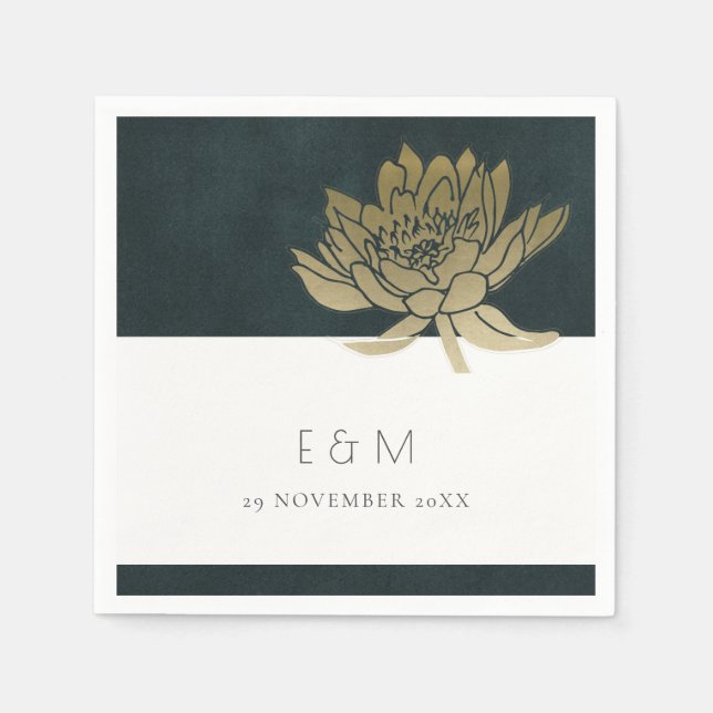 GOLD EMERALD GREEN LOTUS FLORAL MONOGRAM WEDDING NAPKIN (Front)