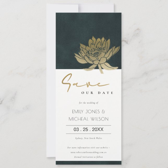 GOLD EMERALD GREEN LOTUS FLORAL SAVE THE DATE INVI INVITATION (Front)