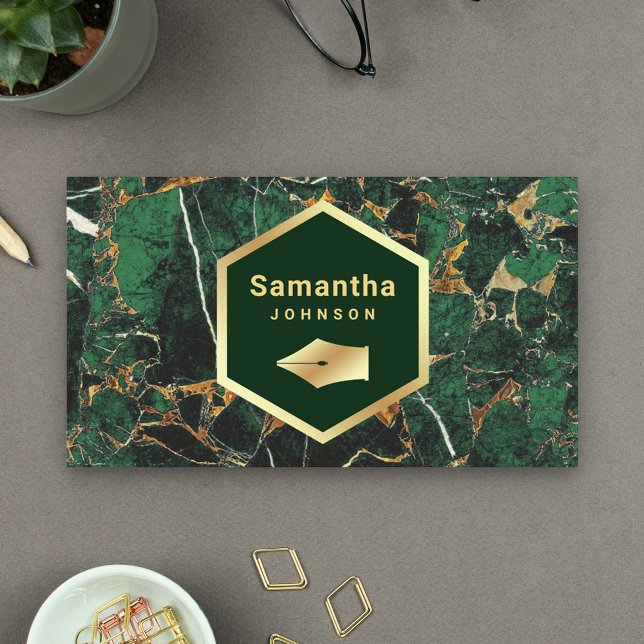 Gold Emerald Green Marble Pen Nib Professional Business Card (Creator Uploaded)