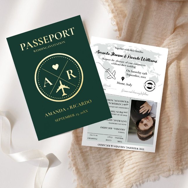 Gold & Emerald Green Passport  Wedding Invitation (Creator Uploaded)