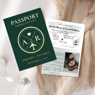 Gold & Emerald Green Passport  Wedding Invitation