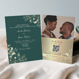 Gold Emerald Green QR Code Wedding Invitation