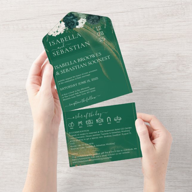 Gold Emerald Green Roses Save The Date All In One Invitation (Tearaway)
