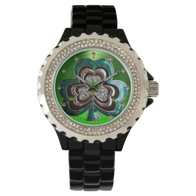 GOLD, EMERALD GREEN SHAMROCK JEWEL WITH GEMS WATCH (Front)