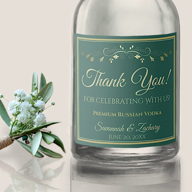 Gold & Emerald Green Simple Wedding Thank You Liquor Bottle Label (Creator Uploaded)