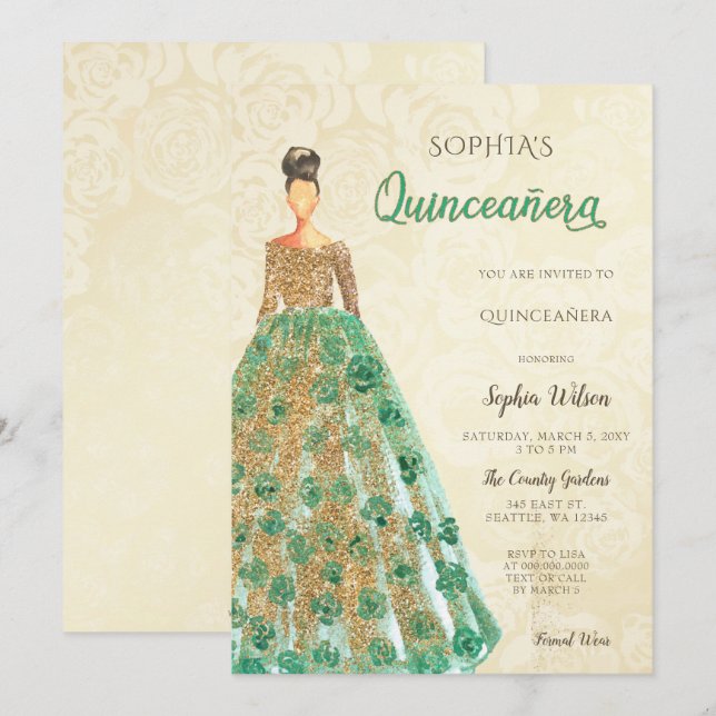 Gold Emerald Green Sparkle Dress Quinceanera Invitation (Front/Back)