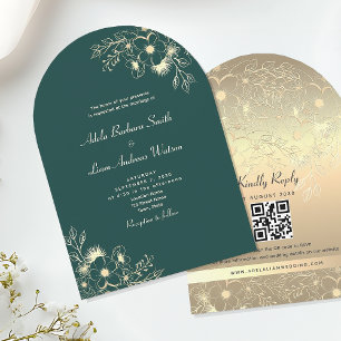 Gold Emerald Green Wedding Invitation with QR Code