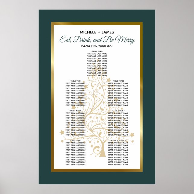 Gold Emerald Green Winter Wedding Seating Chart (Front)