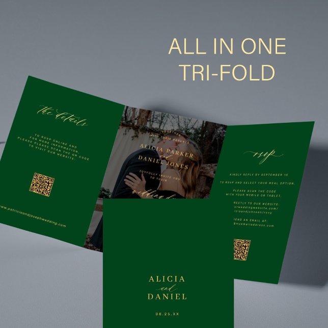 Gold emerald photo wedding RSVP details QR code Tri-Fold Invitation (Creator Uploaded)