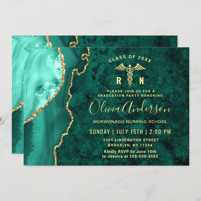 Gold Emerald RN Nursing School Graduation Party Invitation (Front/Back)