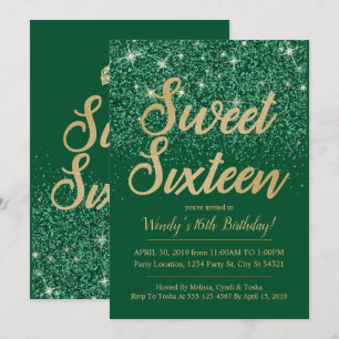 Gold Emerald Sweet 16 Birthday Invitations
