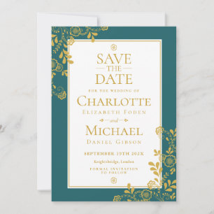 Gold Emerald Victorian Floral Lace Save the Date