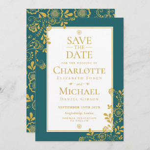 Gold Emerald Victorian Floral Lace Save the Date Invitation