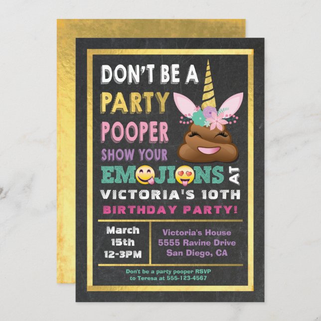 Gold Emoji Party Pooper Unicorn Birthay Invitation (Front/Back)