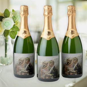 Gold engaged script custom photo engagement party sparkling wine label