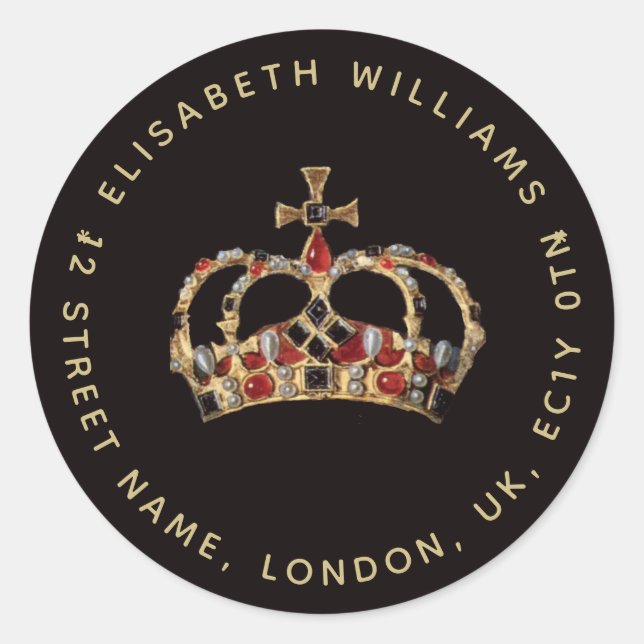 Gold English Crown Elisabeth I Circular Address Classic Round Sticker (Front)