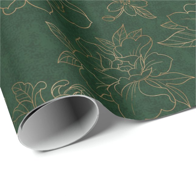 Gold Engraved Floral on Green BG Wrapping Paper (Roll Corner)