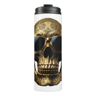 Gold engraved metallic 3D skull with sunglasses Thermal Tumbler