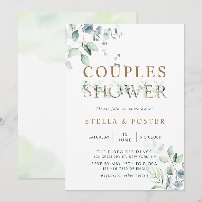 Gold Eucalyptus Botanical Letter Couples Shower Invitation (Front/Back)