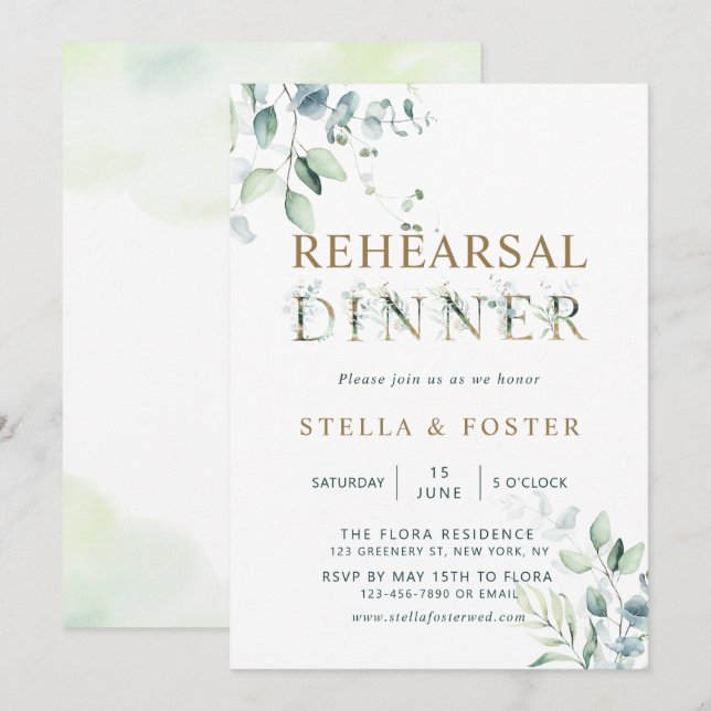 Gold Eucalyptus Botanical Letter Rehearsal Dinner Invitation (Front/Back)