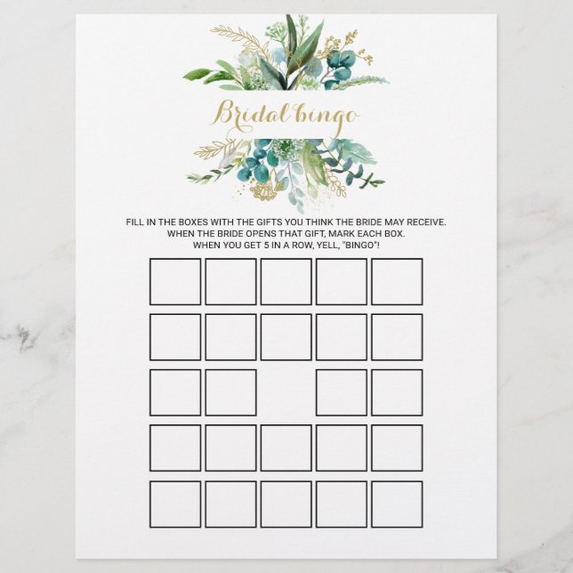 Gold & Eucalyptus Bridal Bingo, Bridal Shower Game (Front)