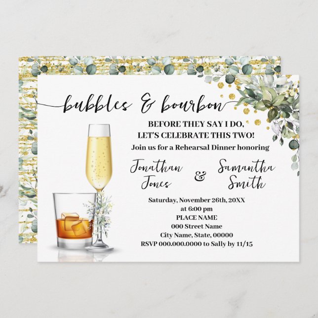 Gold Eucalyptus Bubbles & Bourbon Couples Shower Invitation (Front/Back)