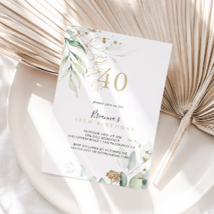 Gold Eucalyptus Calligraphy 40th Birthday Party Invitation