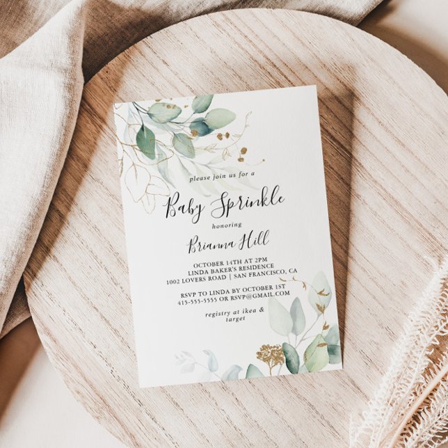  Gold Eucalyptus Calligraphy Baby Sprinkle  Invitation (Creator Uploaded)