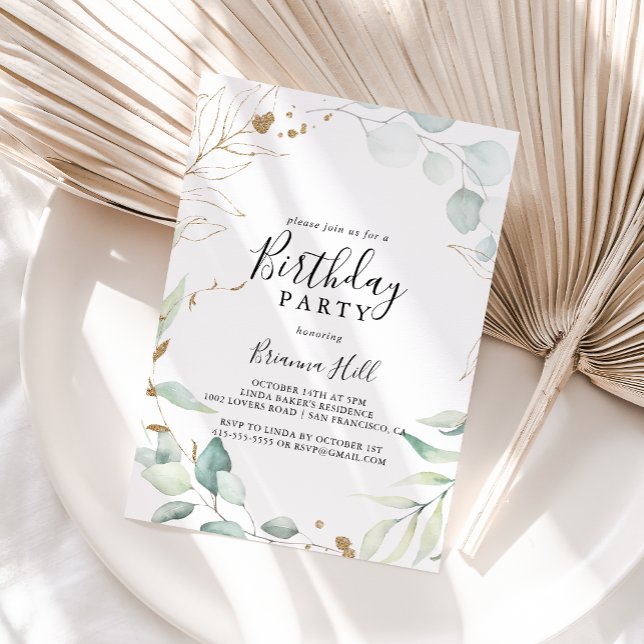 Gold Eucalyptus Calligraphy Birthday Party  Invitation (Creator Uploaded)