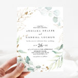 Gold Eucalyptus Calligraphy Casual Wedding Invitation<br><div class="desc">This gold eucalyptus calligraphy casual wedding invitation is perfect for a rustic wedding. This artistic design features hand-drawn watercolor gold and green foliage,  inspiring natural beauty.</div>