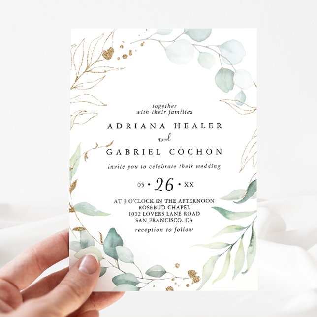  Gold Eucalyptus Calligraphy Casual Wedding Invitation (Creator Uploaded)