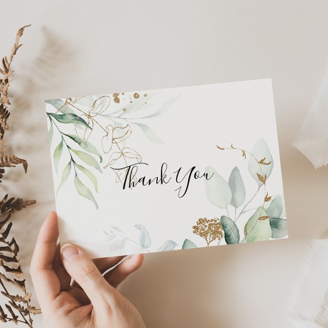 Gold Eucalyptus Calligraphy Flat Wedding  Thank You Card (Creator Uploaded)