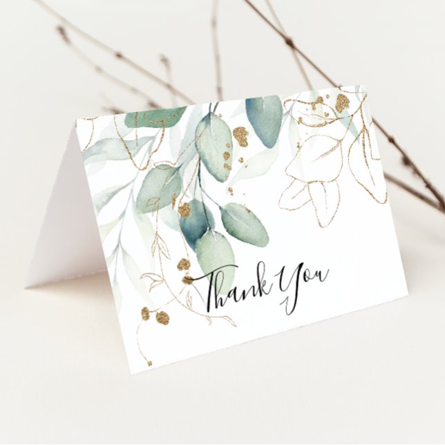 Gold Eucalyptus Calligraphy Folded Wedding  Thank You Card (Creator Uploaded)