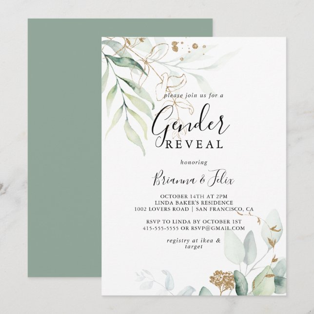 Gold Eucalyptus Calligraphy Gender Reveal Party  Invitation (Front/Back)