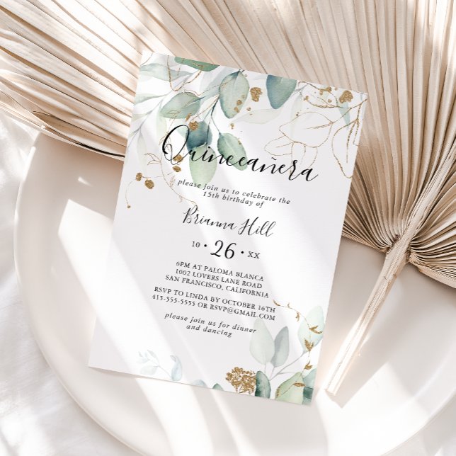 Gold Eucalyptus Calligraphy Quinceañera  Invitation (Creator Uploaded)