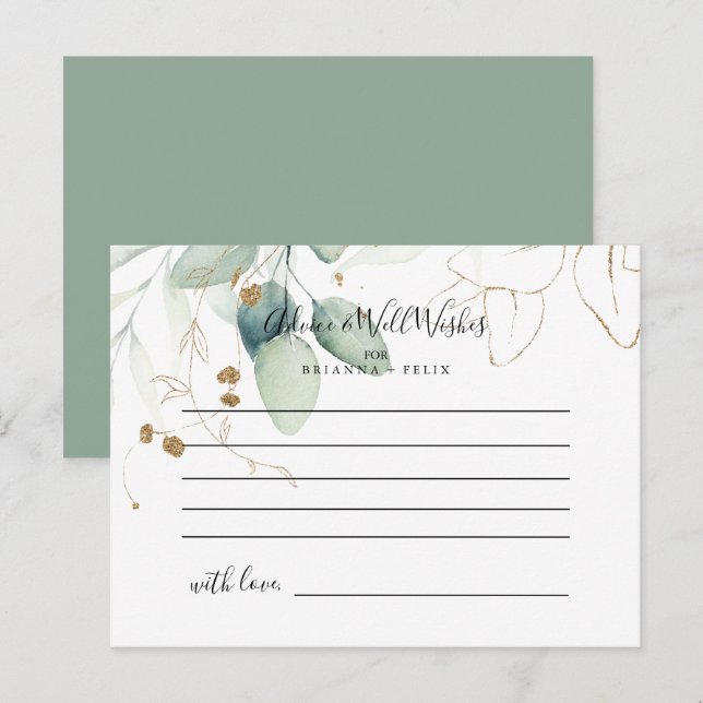  Gold Eucalyptus Calligraphy Wedding Advice Card (Front/Back)