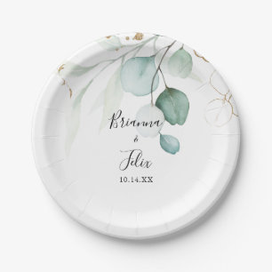 Gold Eucalyptus Calligraphy Wedding Cake  Paper Plate