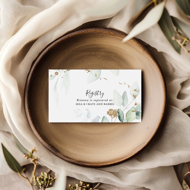 Gold Eucalyptus Calligraphy Wedding Gift Registry  Enclosure Card (Creator Uploaded)