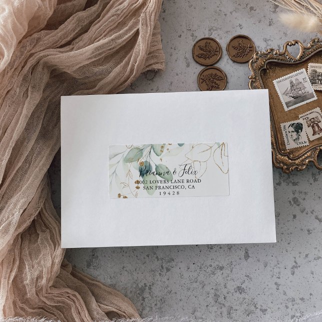 Gold Eucalyptus Calligraphy Wedding RSVP Address  Label (Creator Uploaded)