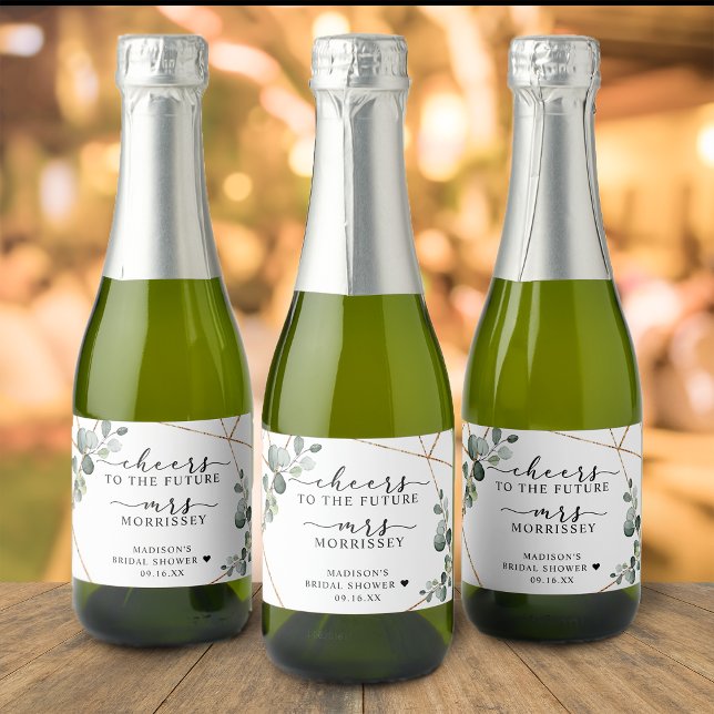 Gold Eucalyptus Cheers Bridal Shower Favour Sparkling Wine Label (Gold Eucalyptus Cheers Bridal Shower Favor Sparkling Wine Label)
