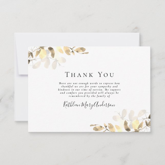 Gold Eucalyptus Funeral Thank You Note Card (Front)