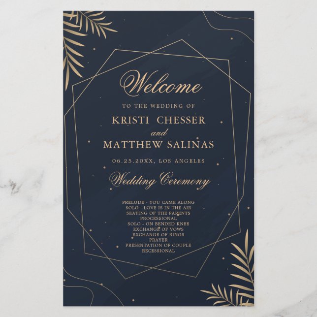 Gold Eucalyptus Geometric Wedding Program Card (Front)