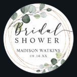 Gold Eucalyptus Greenery Bridal Shower Favour Classic Round Sticker<br><div class="desc">Elegant eucalyptus greenery with gold circles framing script and classic typography "bridal shower" for bridal shower favours seal sticker.</div>