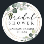 Gold Eucalyptus Greenery Bridal Shower Favour Classic Round Sticker<br><div class="desc">Elegant eucalyptus greenery with gold circles framing script and classic typography "bridal shower" for bridal shower favours seal sticker.</div>