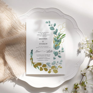 Gold Eucalyptus Greenery New Date Wedding  Invitation