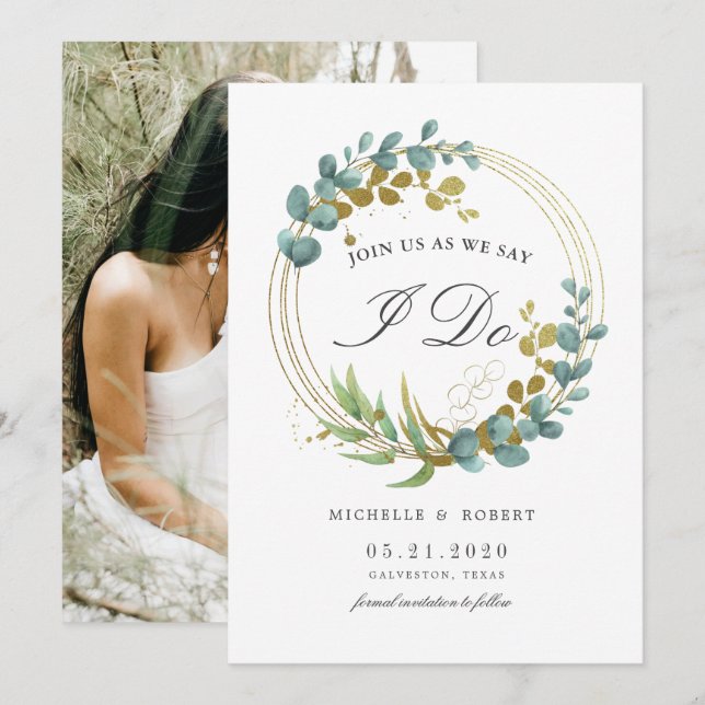 gold eucalyptus greenery Photo Save The Date  Invitation (Front/Back)